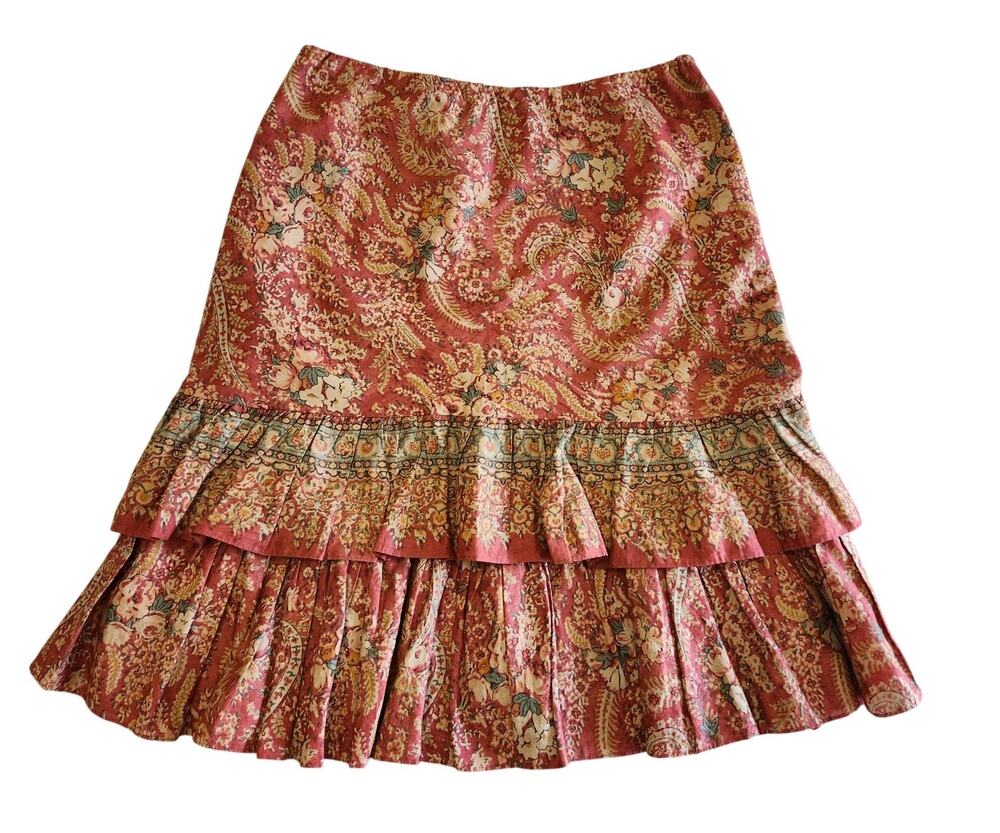 Vtg Y2K Ruffle Tiered Chaps SKIRT Sz 4 Hobo Paisley Rust Layered Long